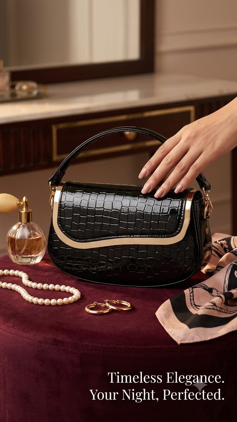 Noir Luxe Croc Shoulder Bag